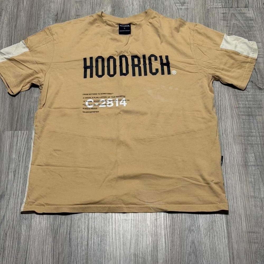 Hoodrich Mens Tan Cream Cotton Graphic T-Shirt Size L Skater Streetwear Tee